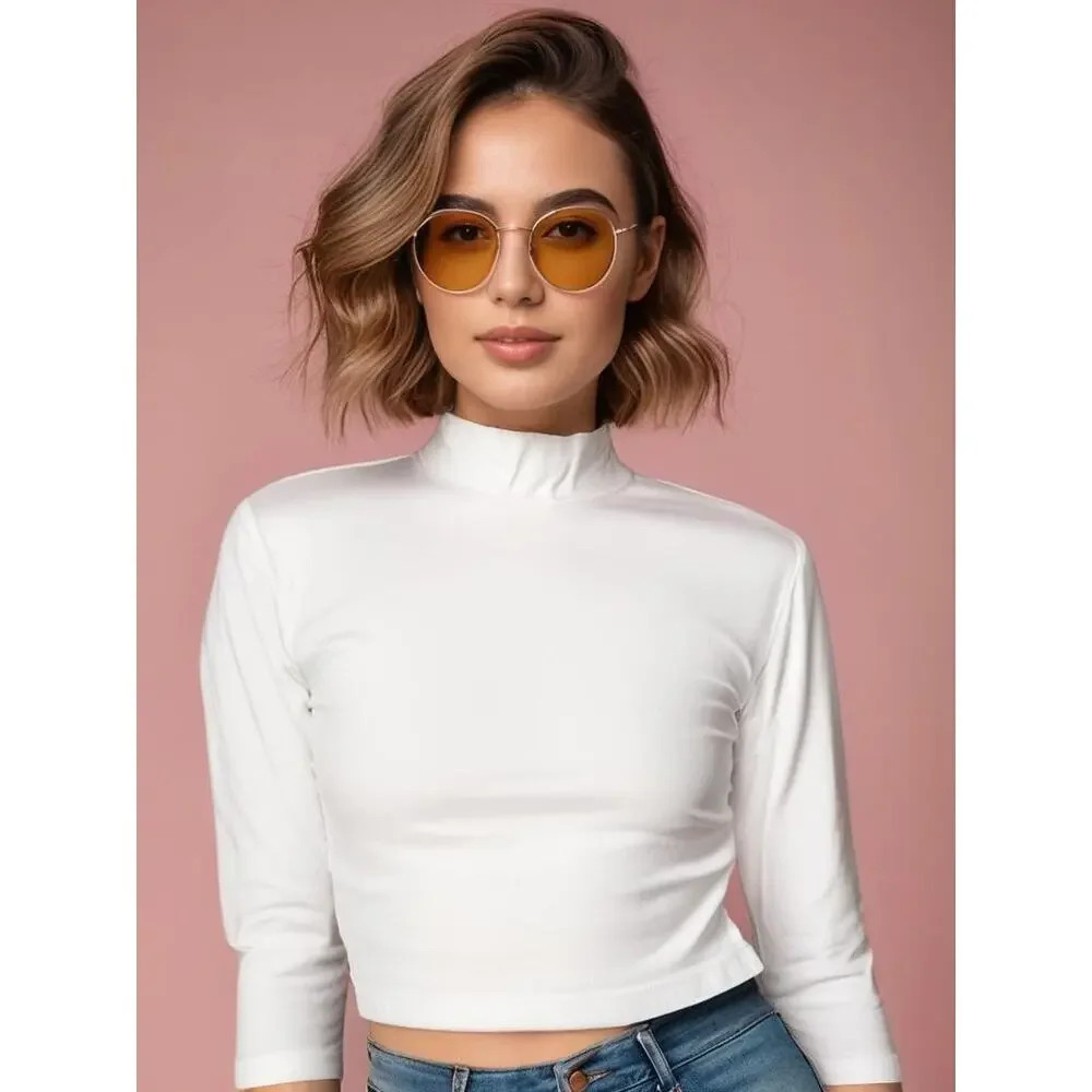 Brandy Melville Women's White Mock Neck 3/4 Sleeve Ribbed Crop Top‎ One Size